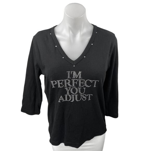 Isaac's Designs Black I'm Perfect You Adjust 3/4 Sleeve V Neck T Shirt Tee Top S - Picture 1 of 5